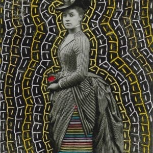 Embroidery art on black and white photo, Alice Austen surrounded by threaded yellow and white design with rainbow skirt and apple
