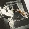 Embroidery Art, threaded helicopter wings on old black and white photo