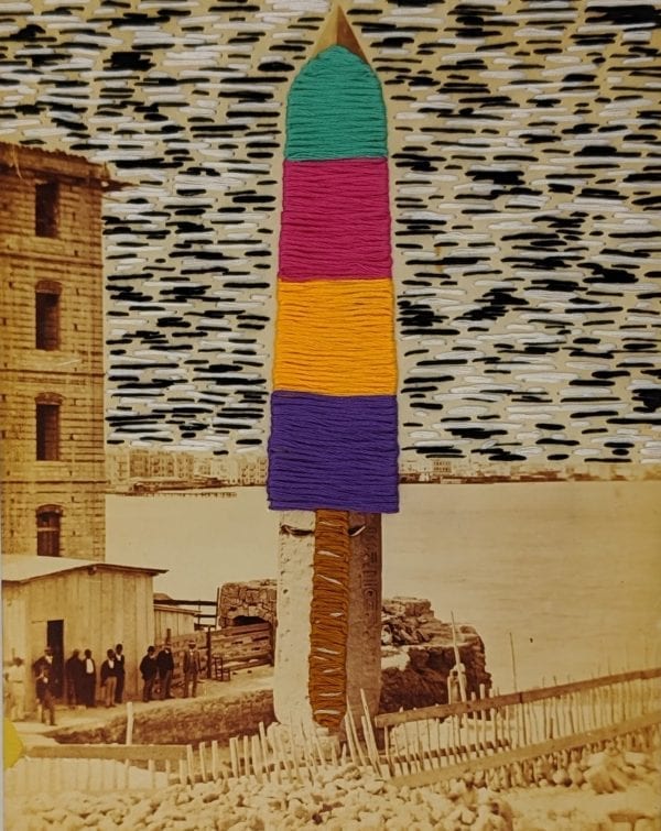 Embroidery Art, threaded green orange pink and purple popsicle and stick on old sepia photo