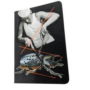 Embroidery art on small black notebook, collage of chef cutting into giant blue beetle