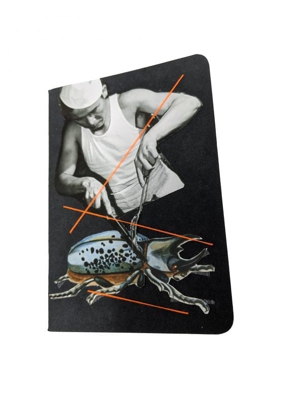Embroidery art on small black notebook, collage of chef cutting into giant blue beetle