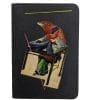 Embroidery art on small black notebook, collage of bird head on woman's body sewing
