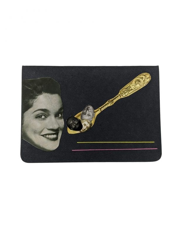 Embroidery art on small black notebook, collage of woman eating small head off golden spoon