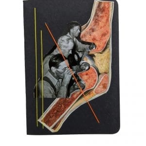 Embroidery art on small black notebook, collage of men at dinner table and inside leg bone