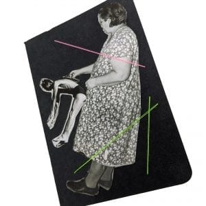 Embroidery art on small black notebook, collage of woman lifting bent over man