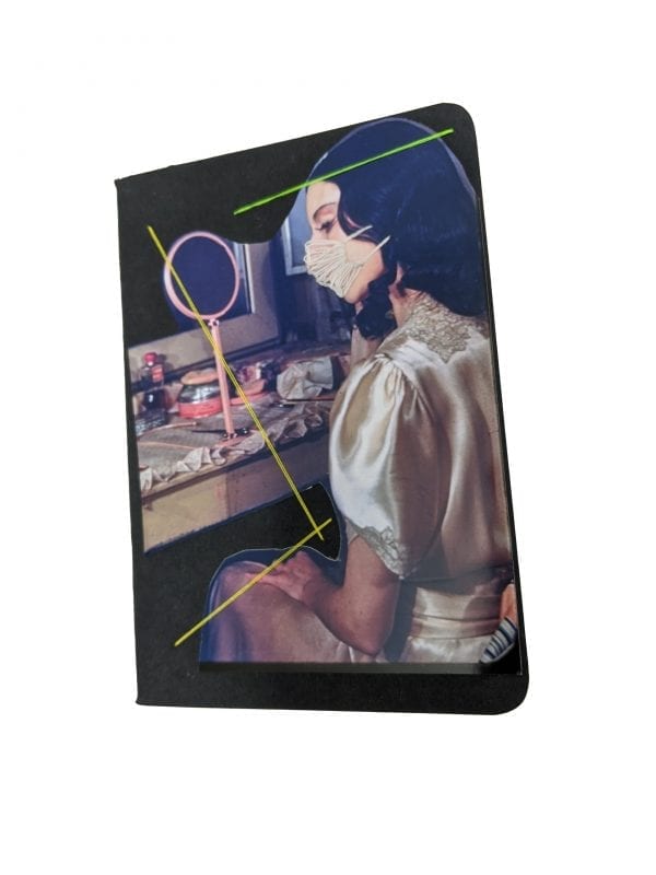 Embroidery art on small black notebook, collage of woman at dressing table in face mask