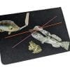 Embroidery art on small black notebook, collage of fish smoking a cigarette talking to fish in hat and frog