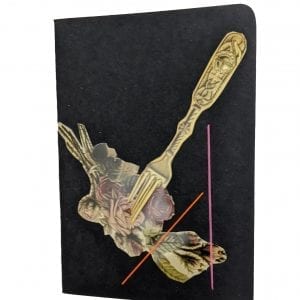 Embroidery art on small black notebook, collage of bouquet of flowers on tines of gold fork