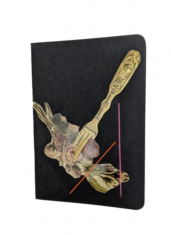 Embroidery art on small black notebook, collage of bouquet of flowers on tines of gold fork