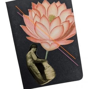 Embroidery art on small black notebook, collage of man opening seed bag and giant flower coming out