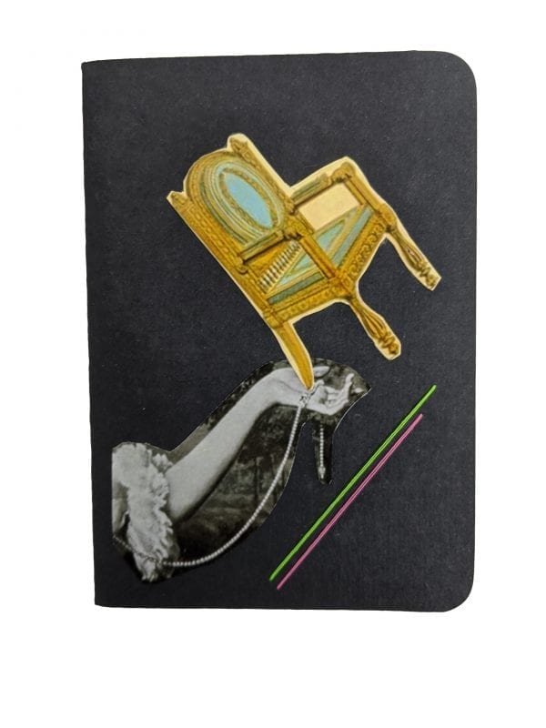 Embroidery art on small black notebook, collage of jeweled arm holding antique chair in palm of hand