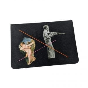 Embroidery art on small black notebook, collage of Cupid shooting an arrow at man with gun