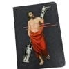 Embroidery art on small black notebook, collage of man in toga and smaller men on ladder painting