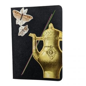 Embroidery art on small black notebook, collage of golden pitcher and flying bugs