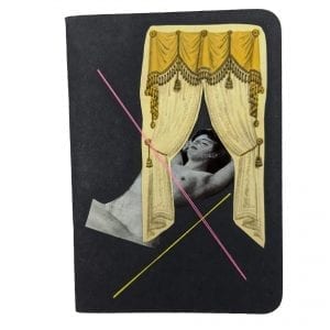 Embroidery art on small black notebook, collage of curtains and nude woman