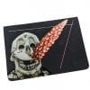 Embroidery art on small black notebook, collage of kid in Halloween mask smoking a flower