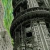 Embroidery art on black and white photo, green lines coming from street between buildings