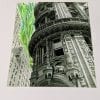Embroidery art on black and white photo, green lines coming from street between buildings