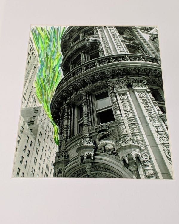 Embroidery art on black and white photo, green lines coming from street between buildings