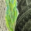 Embroidery art on black and white photo, green lines coming from street between buildings