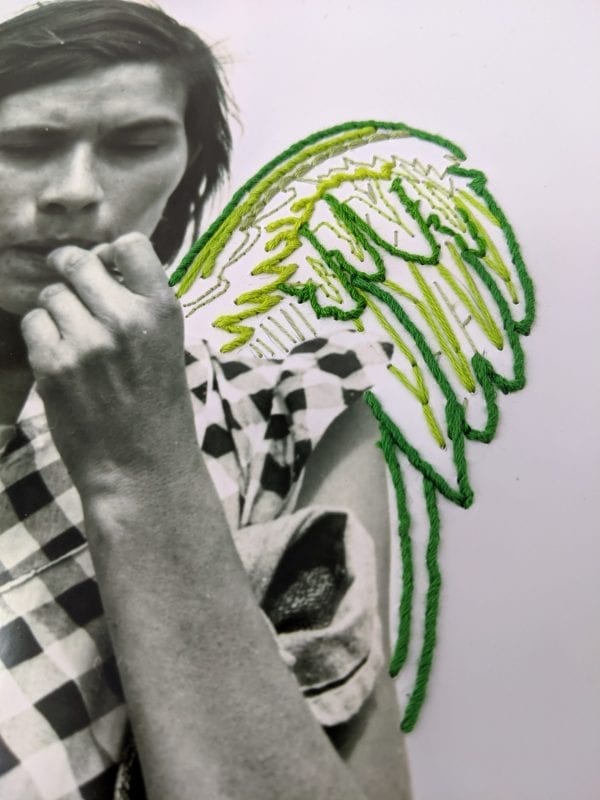 Embroidery Art, threaded green angel wings on young woman in old black and white photo by Dorothea Lange