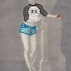 Embroidery art on black and white photo, threaded jean shorts and XX shirt on drawing of a woman