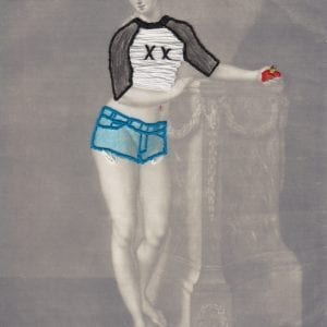 Embroidery art on black and white photo, threaded jean shorts and XX shirt on drawing of a woman