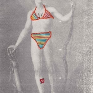 Embroidery Art, threaded orange and multicolor bikini on black and white drawing of a man