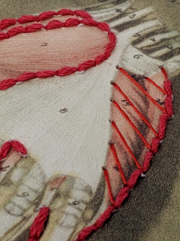 Embroidery art on medical drawing, red thread on illustration of hand anatomy