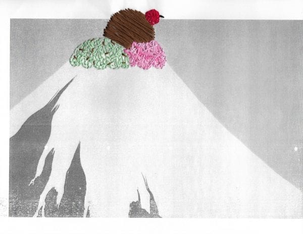 Embroidery art of ice cream sundae on black and white drawing of a mountain