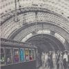 Embroidery art, threaded monsters on black and white photo of subway train