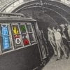 Embroidery art, threaded monsters on black and white photo of subway train