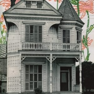 Embroidery art on black and white photo, orange flowers growing over house