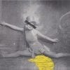 Embroidery Art, threaded yellow puddle on black and white photo of woman doing the splits