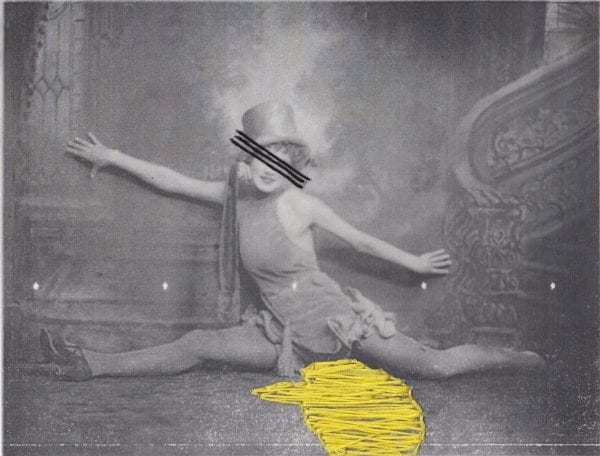 Embroidery Art, threaded yellow puddle on black and white photo of woman doing the splits