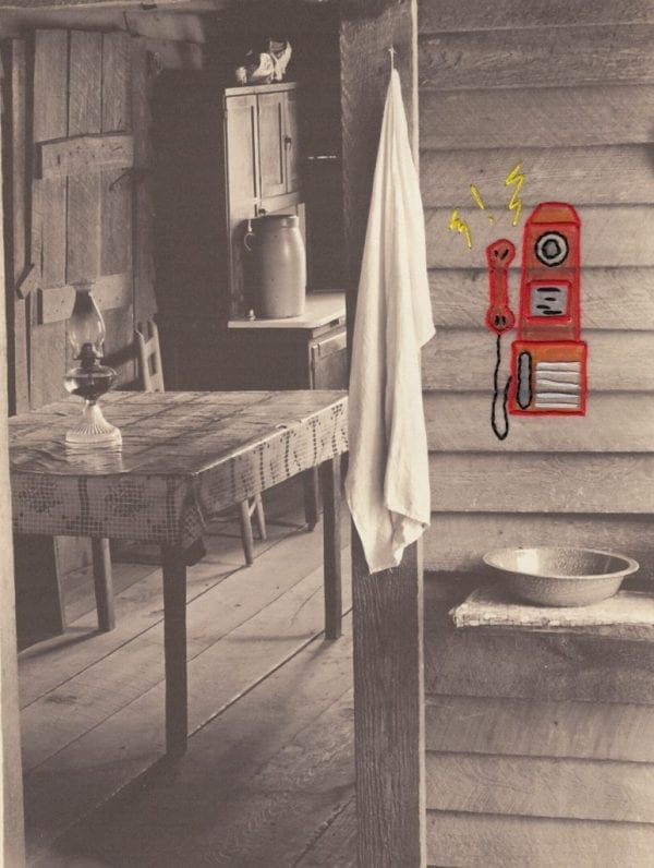 Embroidery Art, threaded red pay phone on black and white photo of old kitchen