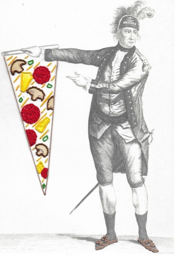 Embroidery art on black and white drawing of a general, threaded pepperoni and pineapple pizza