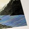 Embroidery Art, neon green purple and blue threaded river between mountains black and white photo