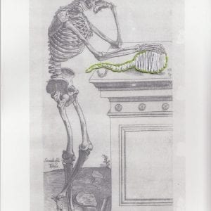 Embroidery Art, green thread on black and white drawing of skeleton