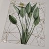 Embroidery art on antique plant drawing, tan geometric thread grid
