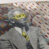 Embroidery art, yellow thread sunglasses and sprinkle rain on black and white photo