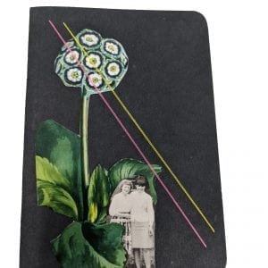 Pocket size black notebook with collage of two women standing beneath a giant flower