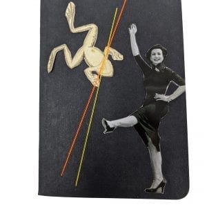 Pocket size black notebook with collage of woman and frog dancing with thread