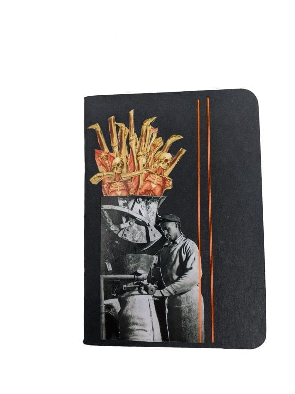 Pocket size black notebook with collage of photos and thread