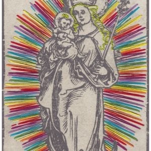 Rainbow embroidery art on Durer black and white portrait of Jesus and Mary